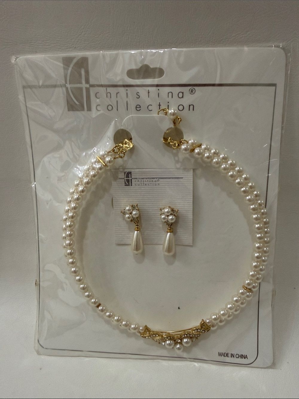 Christina Pearled Adjustable Choker Necklace Earrings Set Gold Rhinestone Accent